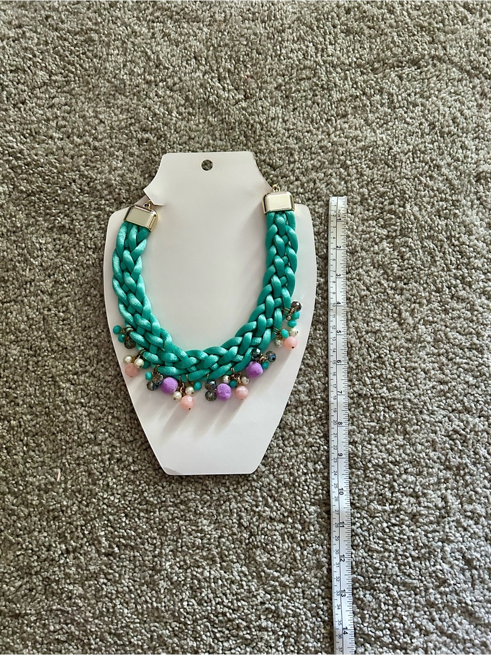 Braided Teal Statement Necklace with Pastel Bead Charms